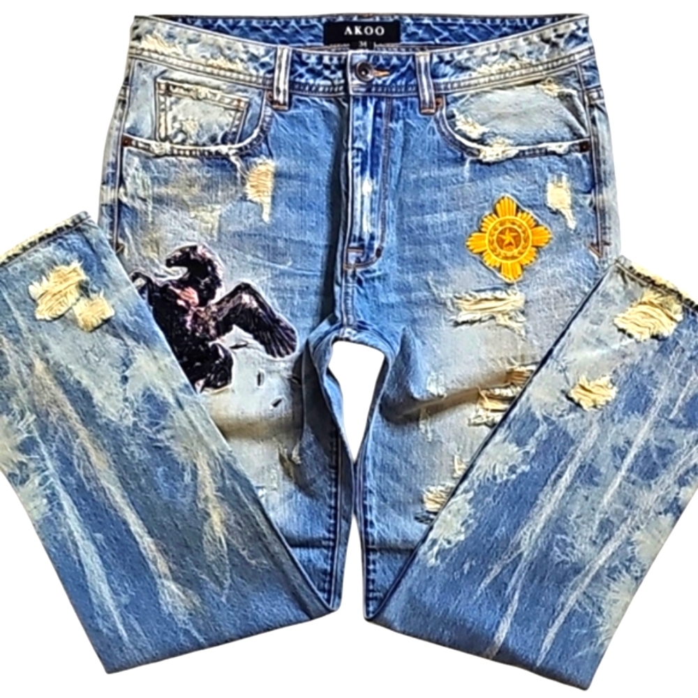 Akoo Blue Wash Distressed Patched Jeans. Men's Size: W34x30.1/2L.